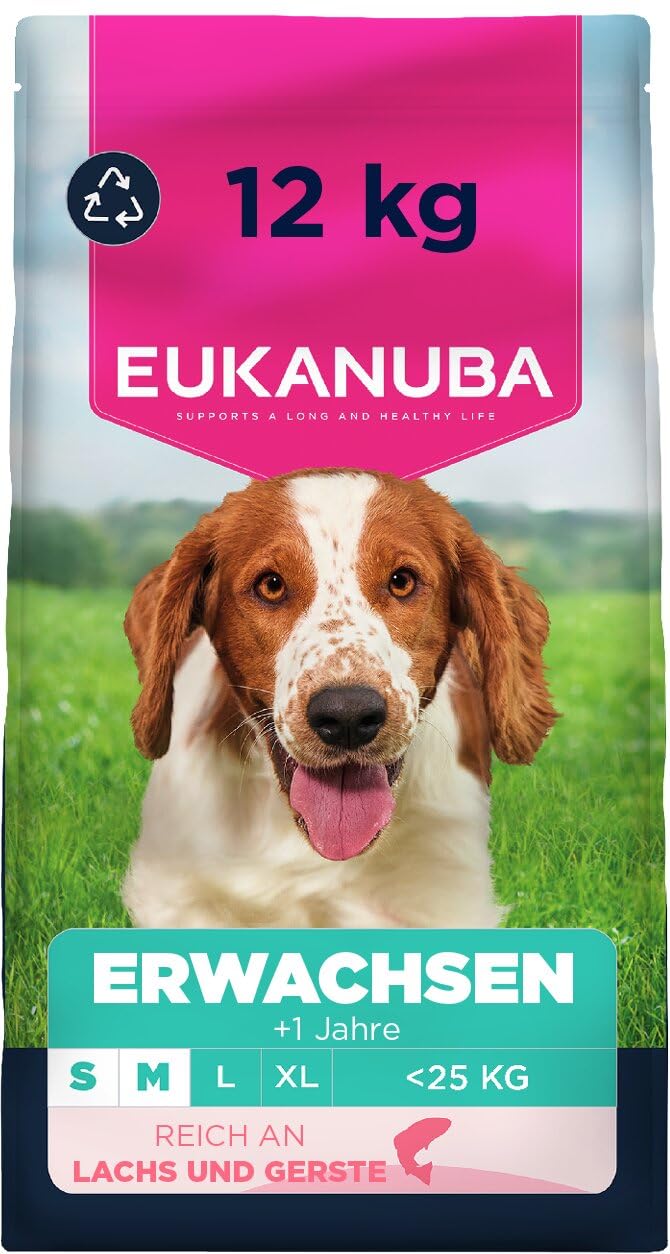 Eukanuba Hundefutter Trocken mit Lachs und Gerste für kleine und mittelgroße Rassen - Premium Trockenfutter für ausgewachsene Hunde, 12 kg