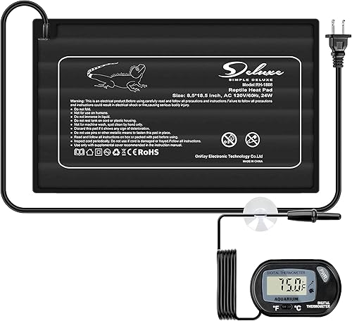 Miniatura 8 de Simple Deluxe Almohadilla térmica de reptiles de 8 x 12 pulgadas, 16 W, con termómetro digital LCD para acuario, calentador debajo del tanque,