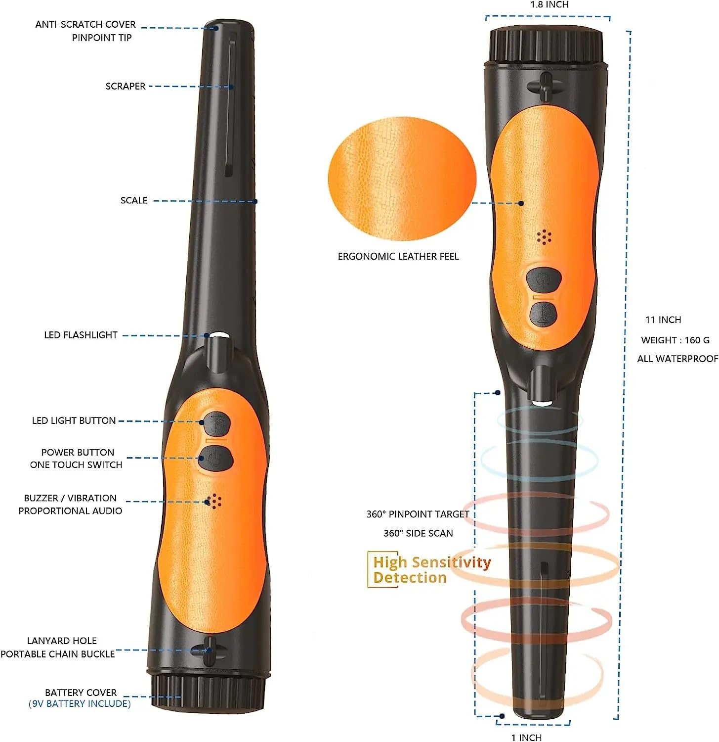 Détecteur de Métaux, Détecteur de métaux Pinpointer étanche, IP68, 3 Modes détection(Oranje)
