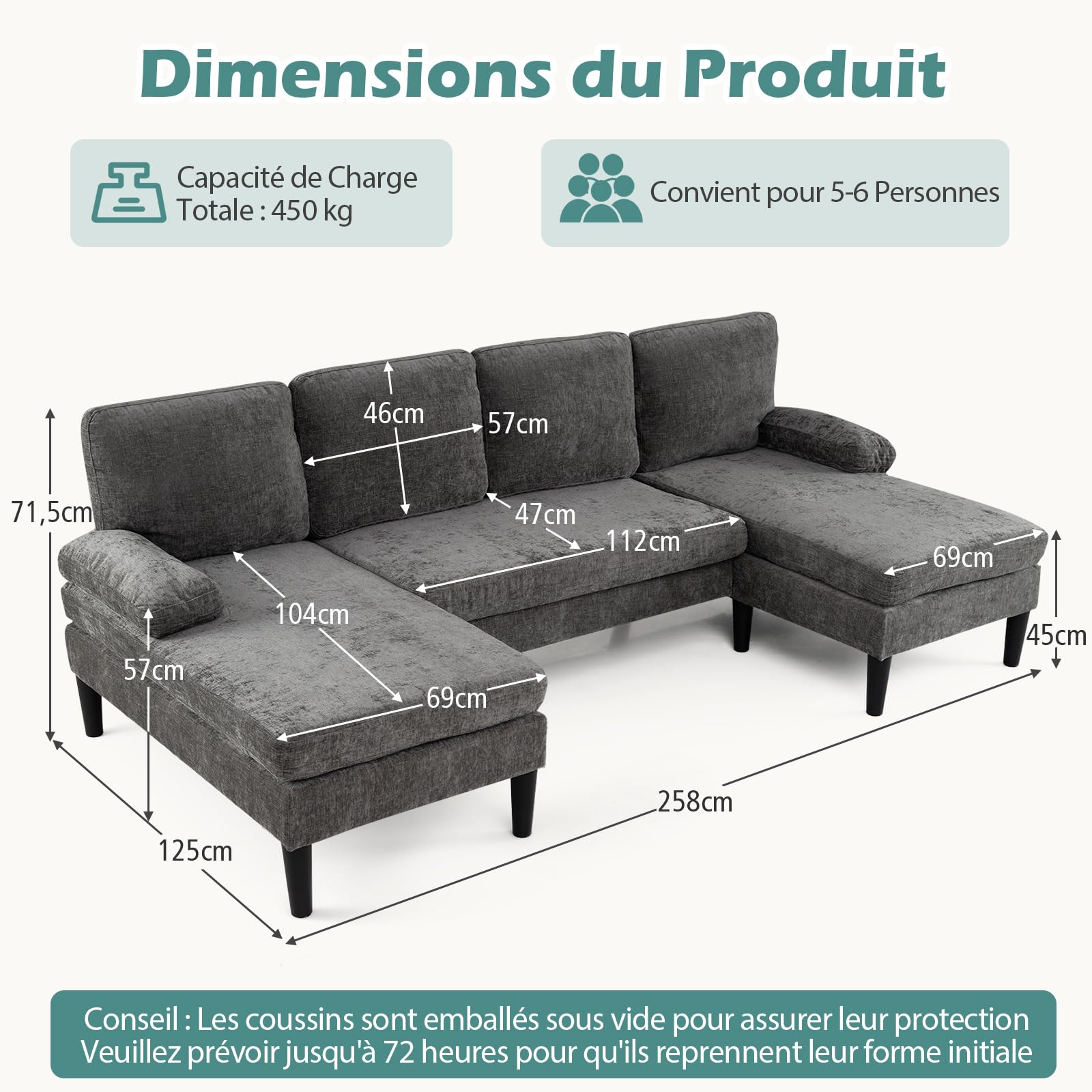 COSTWAY Canapé d'angle 4 Places en U avec 2 Chaise Longue, Grand Canapé 4 Places Rembourrés, Modulable, Tissu en Velours Côtelé/Chenille Doux, 4 Coussins, Moderne, 258 x 125 x 71,5 cm (Gris)