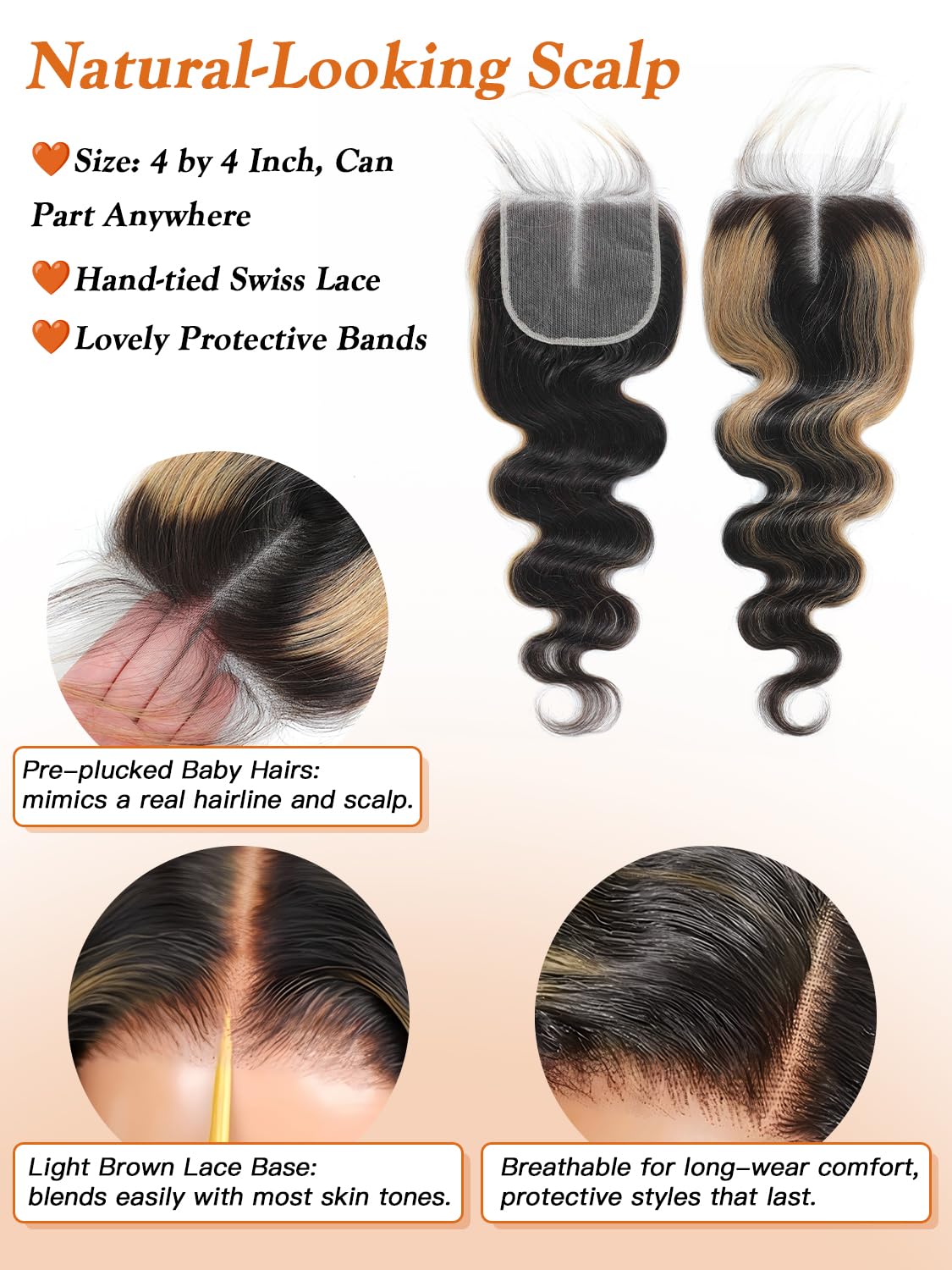 1b/27 Honey Blonde Highlight Body Wave Bundles with Closure Human Hair 16 18 20+14 Inch, Black and Blonde Balayage Loose Wave Sew In Tracks Weave 12A Virgin Human Bundles with 4x4 Closure