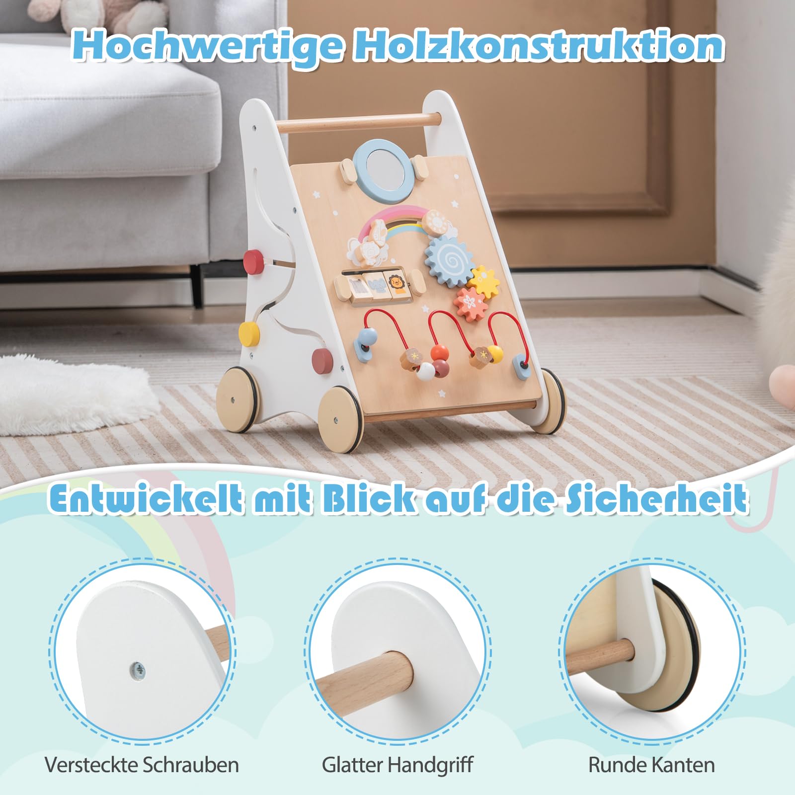 GOPLUS Stabile Lauflernhilfe aus Holz, Multifunktionaler Lauflernwagen mit mehreren Spieleinstellungen & Ablage, Lernspielzeug Gehhilfe mit Gummirädern & Griff, für Kinder ab 3 Jahren Alt (Modell 4)