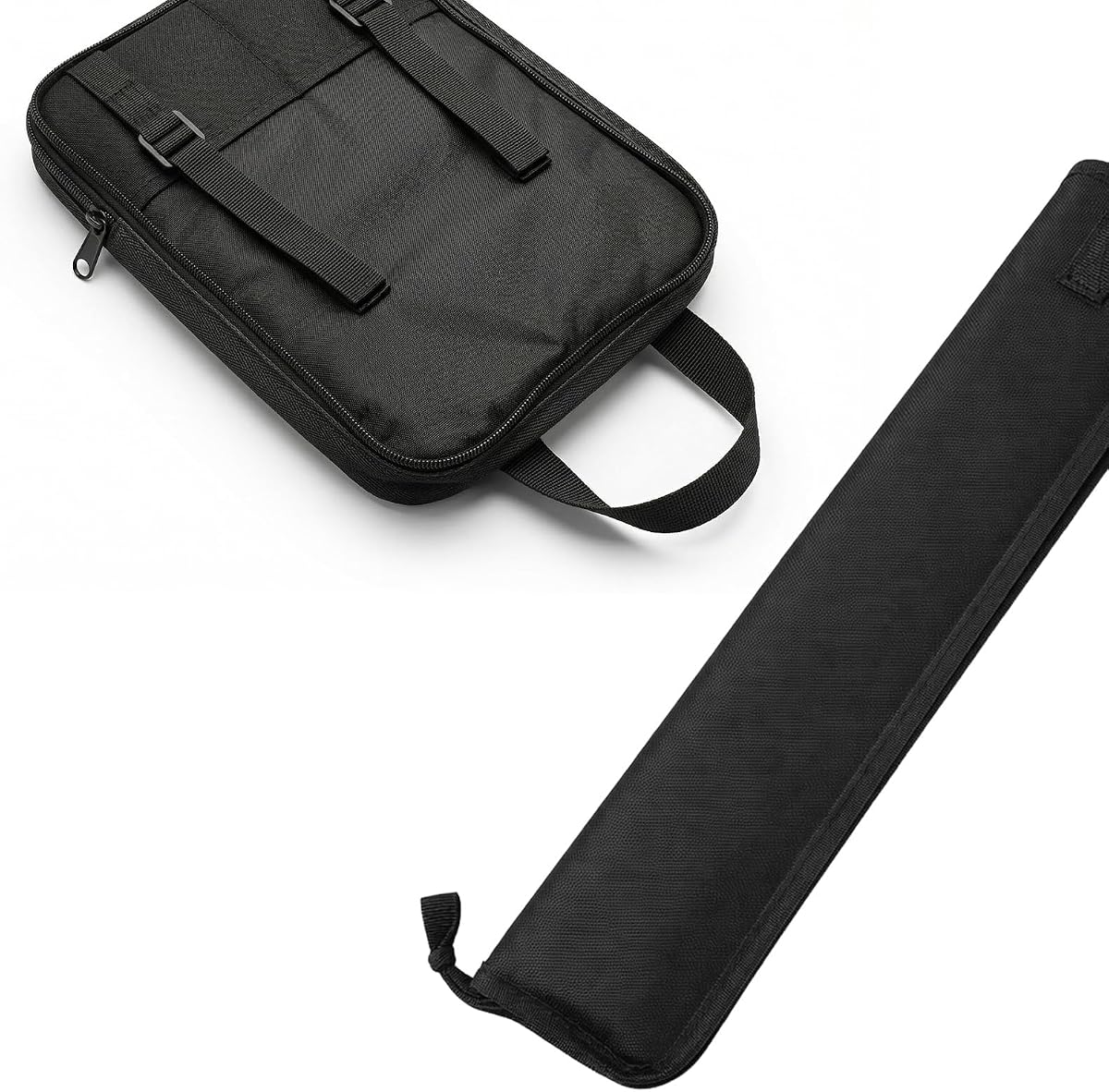 Xinjoduz Bolsa y estuche portátil para baquetas, pequeño soporte para baquetas de cuero PU | Estuche de almacenamiento para baquetas con ganchos en el interior para todas las baquetas y mazos de percusión, regalo de viaje para bateristas y adolescentes, color negro