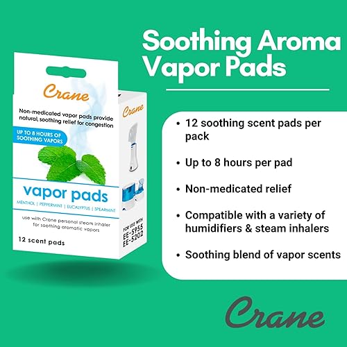 Vista 4 de Crane Almohadillas universales de vapor mentol-eucalipto, paquete de 12, para uso de gotitas, inhalador con cable, humidificador de niebla cálida
