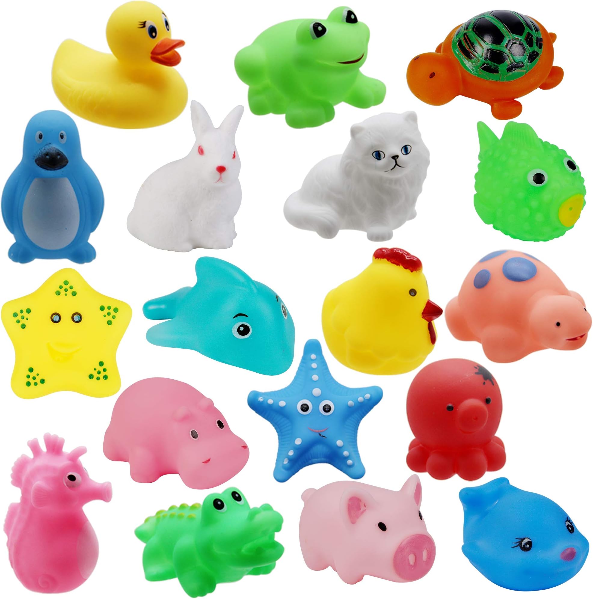 Happy Trees 18 Pack Animals Squeak Bath Toy Set for Toddlers Kids, Colorful Assorted Characters