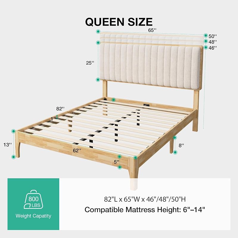 Novilla Queen Size Bed Frame with 3-Level Adjustable Upholstered Headboard image 2