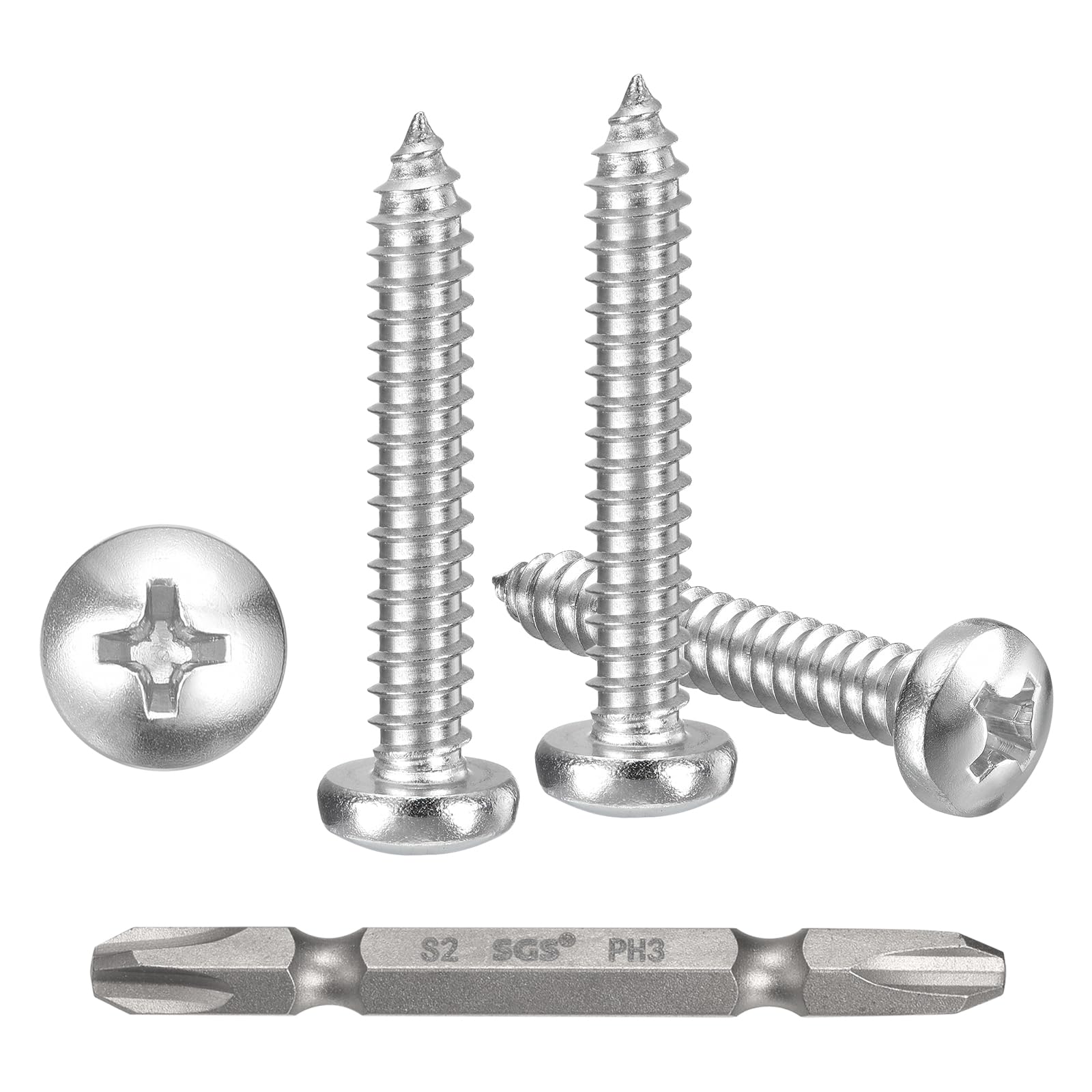 METALLIXITY Phillips Pan Head Self Tapping Screws(#14x1-1/2") 25Pcs, 304 Stainless Steel Self Drilling Screw for Metal Wood Plastic with Bit, for Cabinet Wall Shutter Plate Furniture, Silver