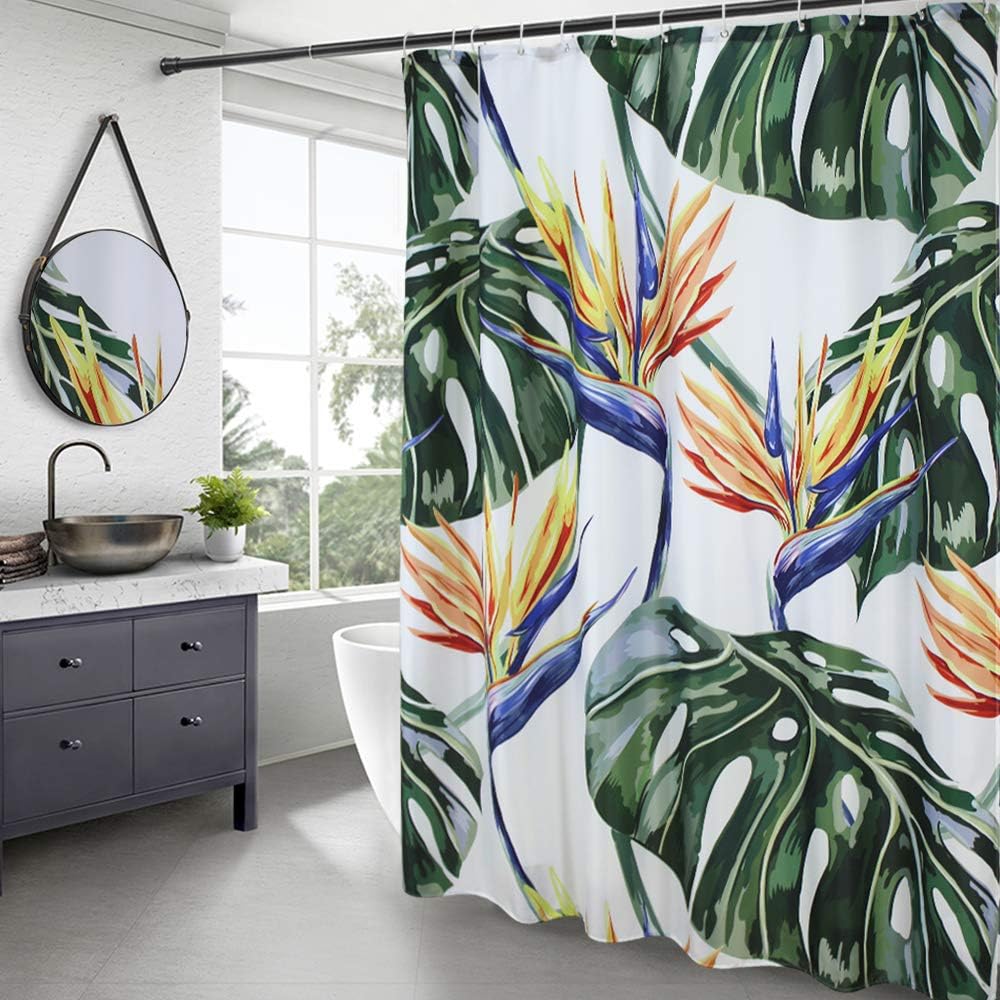 AooHome Banana Leaves Shower Curtain, Rainforest Fabric Bathroom Curtain with Hooks, Heavy Duty, Weighted Hem, Waterproof, White, 70x72 Inch
