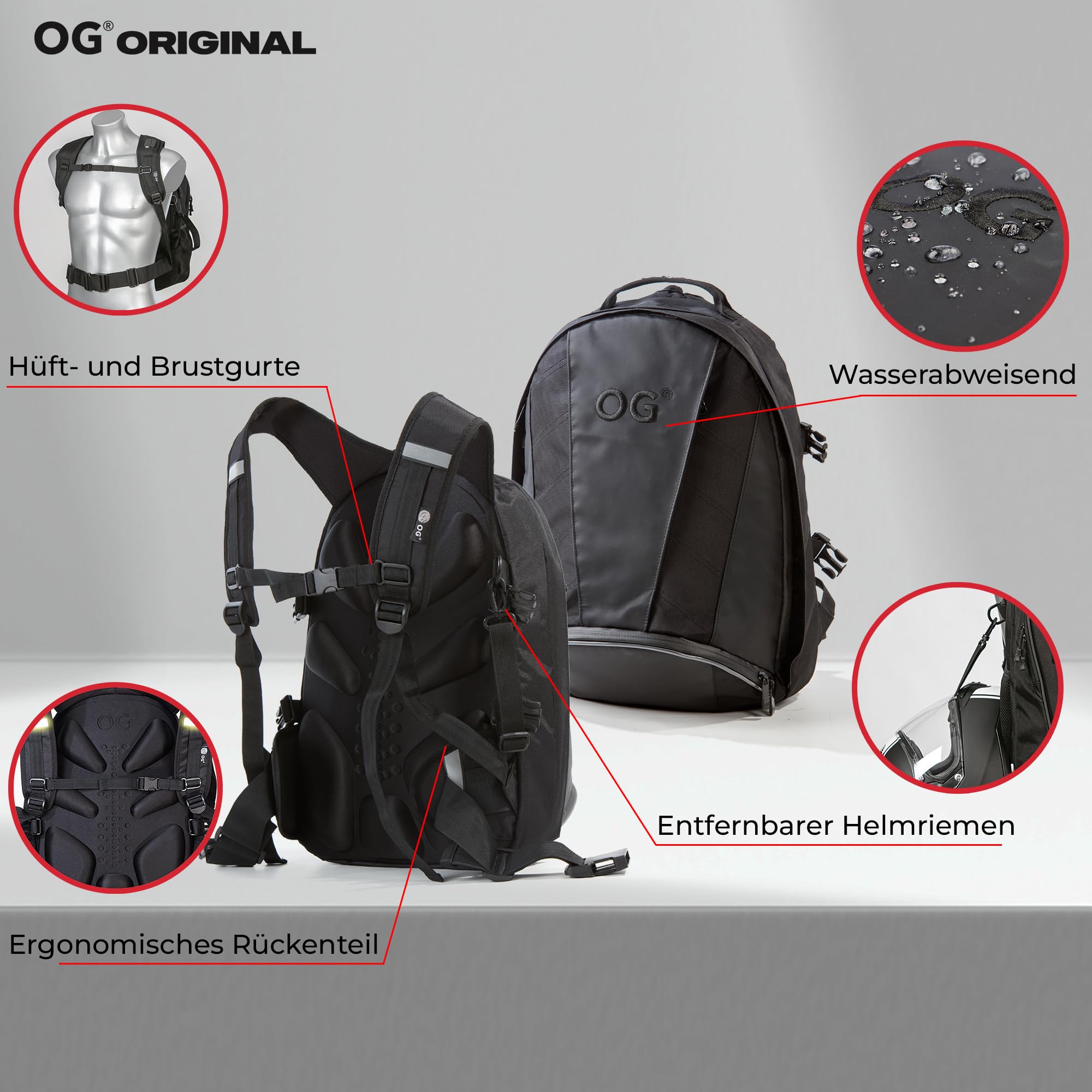 OG Original EZ-RiderPRO Motorrad Rucksack Schwarz Erweiterbar 28-35L, Motorradhelm-Tasche, Helm-Trageriemen, Wasserdicht, Laptop-Fach, Reflektierend, Schwarz Logo