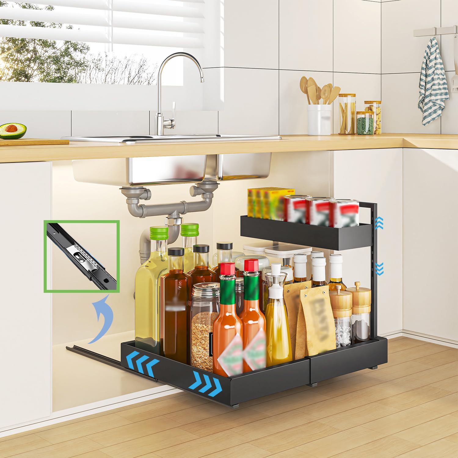 YunNasi Organizer Sottolavello Espandibile a 2 Livelli, Bianco | Cassetti e Cestelli Estraibili, Organizzatore Multiuso per Cucina, Bagno, Armadio, Credenza