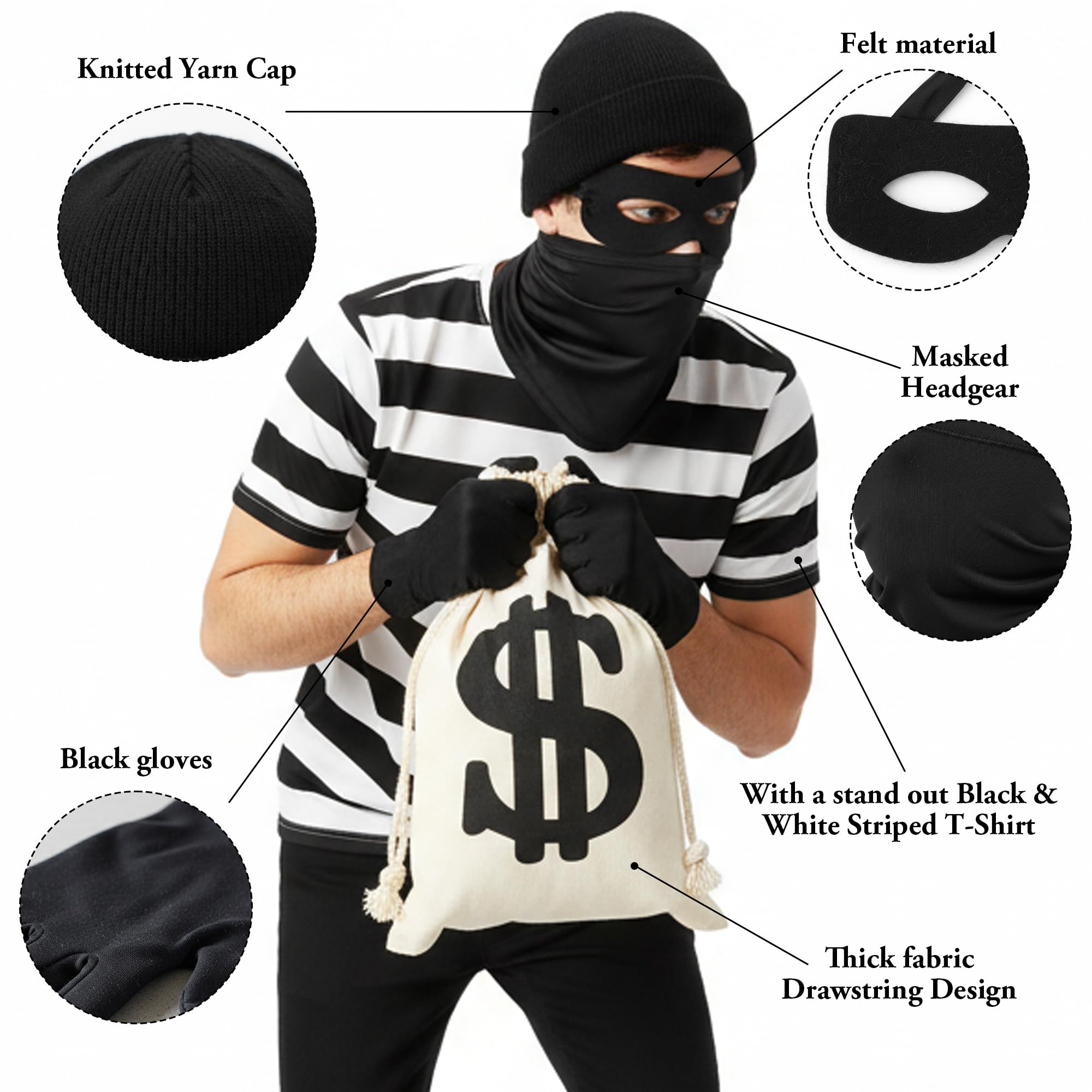 Soireeparty Robber Costume Adults 6 Piece Set, Burglar Fancy Dress with Short Striped T-Shirt Mask Swag Bag Hat Gloves - Image 4