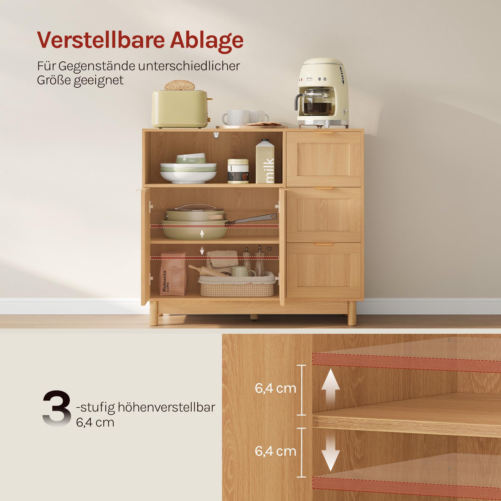 WOLTU Sideboard, Küchenschrank mit 3 Schubladen, Kommode Küche mit Türen, Verstellbarer Ablage, aus Holzwerkstoff, für Küche Wohnzimmer Flur, 90x80x35 cm, Holzoptik