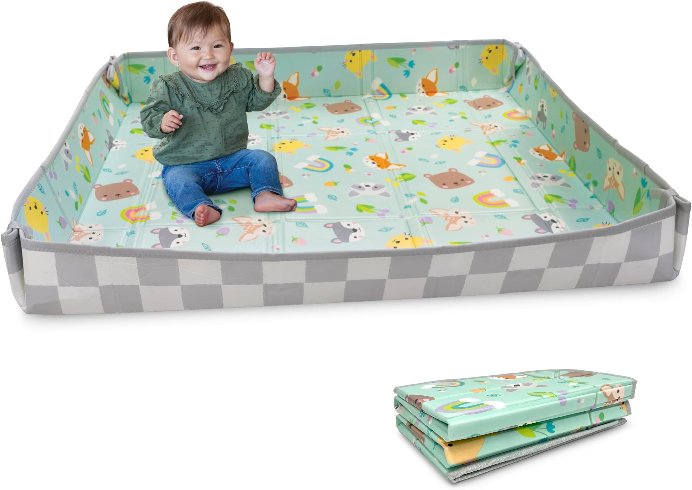 Infantino Foldable Foam Play Mat Reversible 57x57 in, Animals | Reversible design with two sides to play, Lightweight & portable, Water-resistant & wipeable, Folds flat for easy storage
