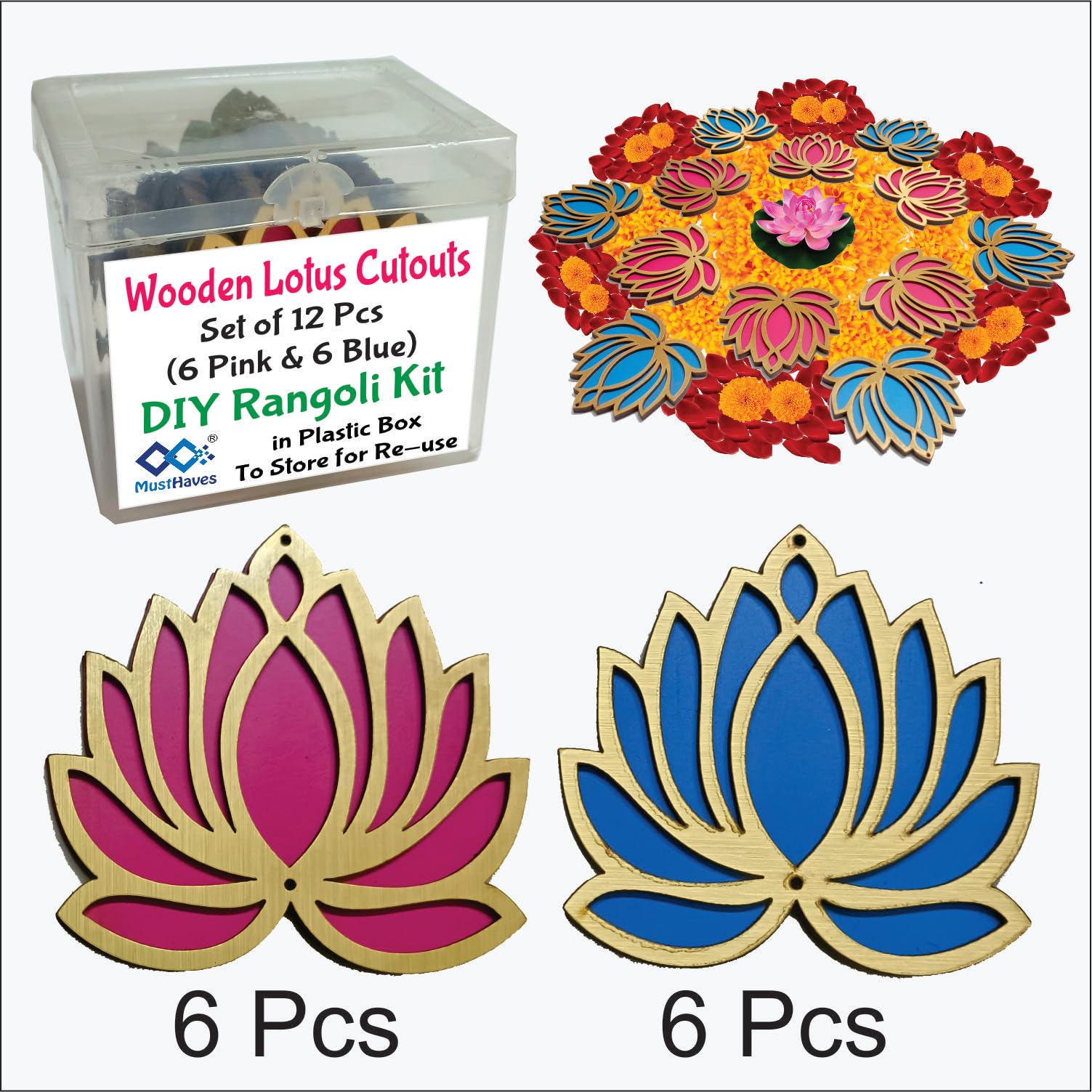 MustHaves Set of 12 Wooden Lotus Cutouts - Rose Pink (6) Ocean Blue (6) | Lotus DIY Rangoli Kit for Diwali Decoration; Rangoli for Pooja Decoration (B0BFFRLLBD) Amazon Price History, Amazon Price Tracker