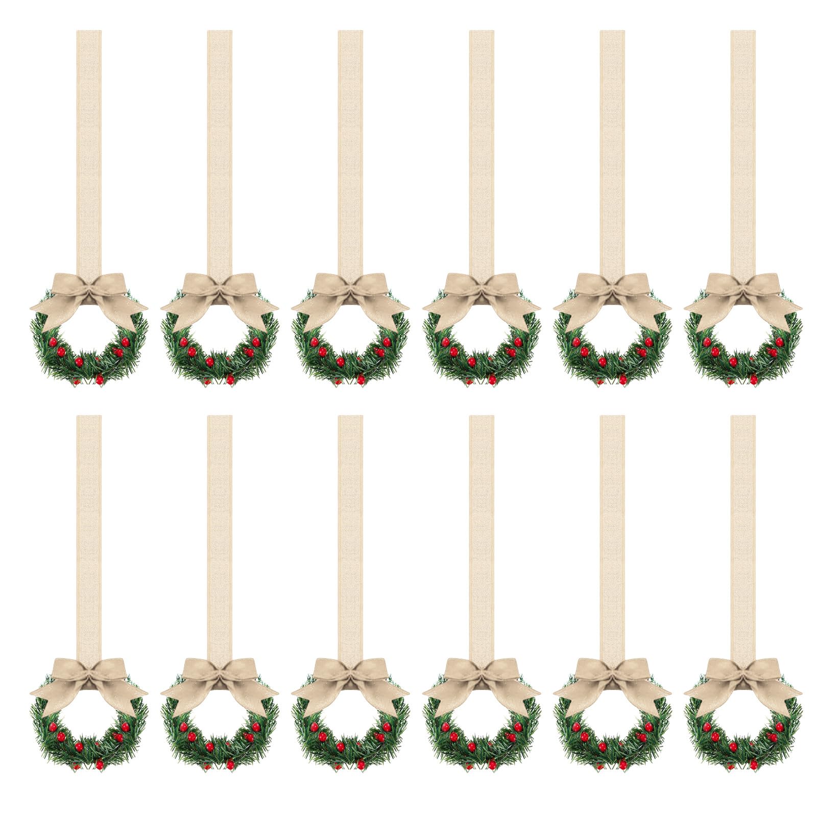 Lerpwige 12Pcs Artificial Wreath 13cm Small Christmas Wreaths Ribbon Bows Wreath for Front Door Kitchen Cabinets Wall Window Small Christmas Decorations