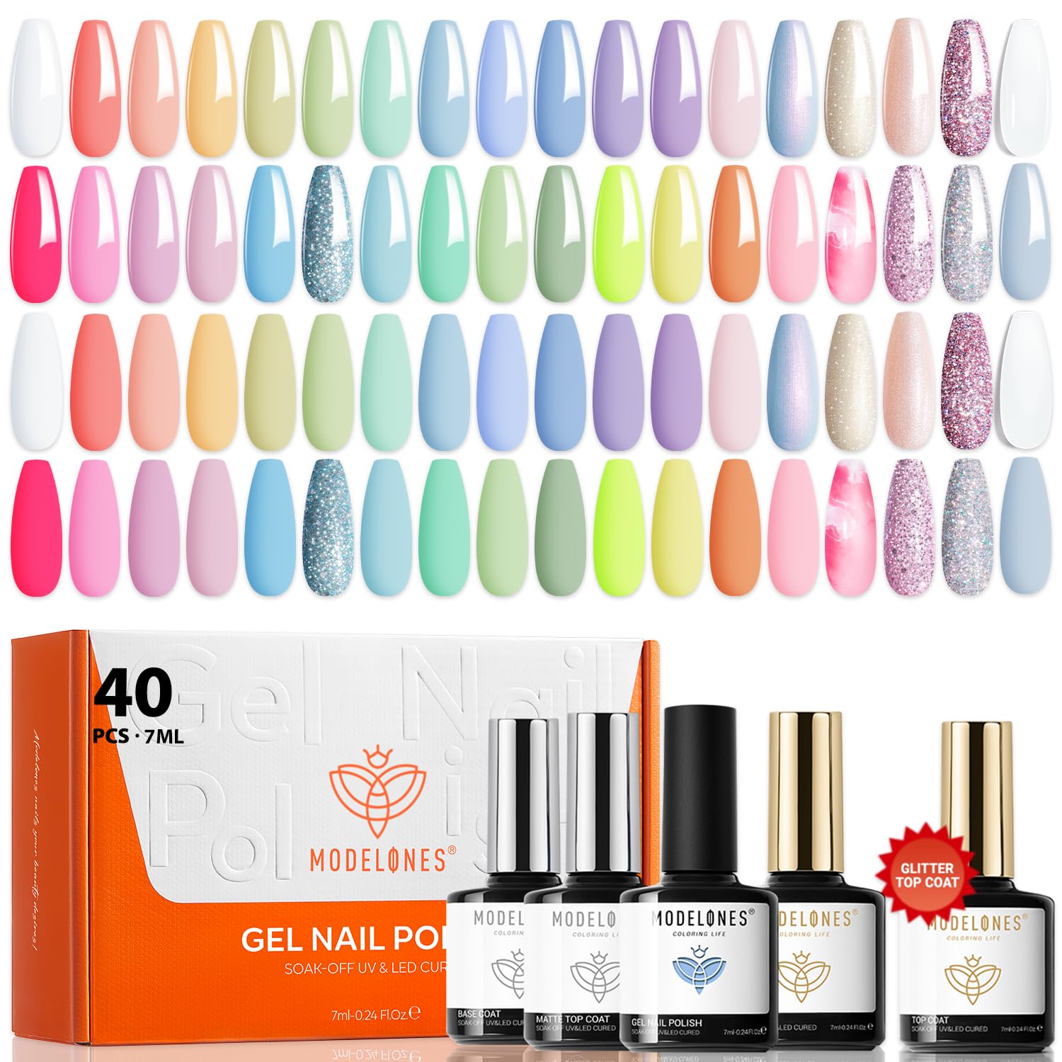 modelones 40Pcs Gel Nail Polish Set, 36 Colors 2026 Summer Spring Pastel White Pink Light Yellow Blooming Glitter Gel Polish Kit with 4PCS Glitter Matte Glossy Top Base Coat LED Nail Art DIY Gift