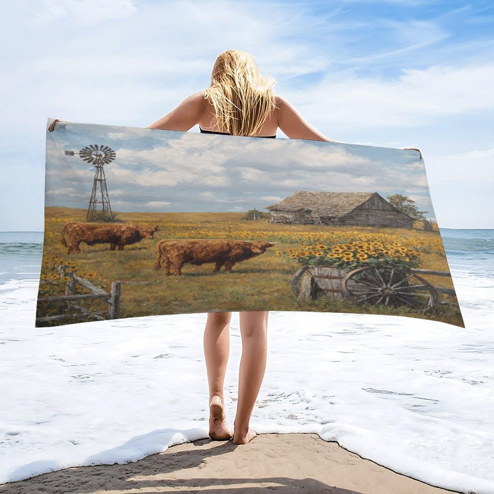 Luyysky Rustic Funny Highland Cow Quick-Drying Beach Towel, Retro Oil Painting Western Barn Windmill Sunflowers Animal Cow Travel Vacation Single Sided Pile Bathroom Towels-80 W Cm X 160" L Cm