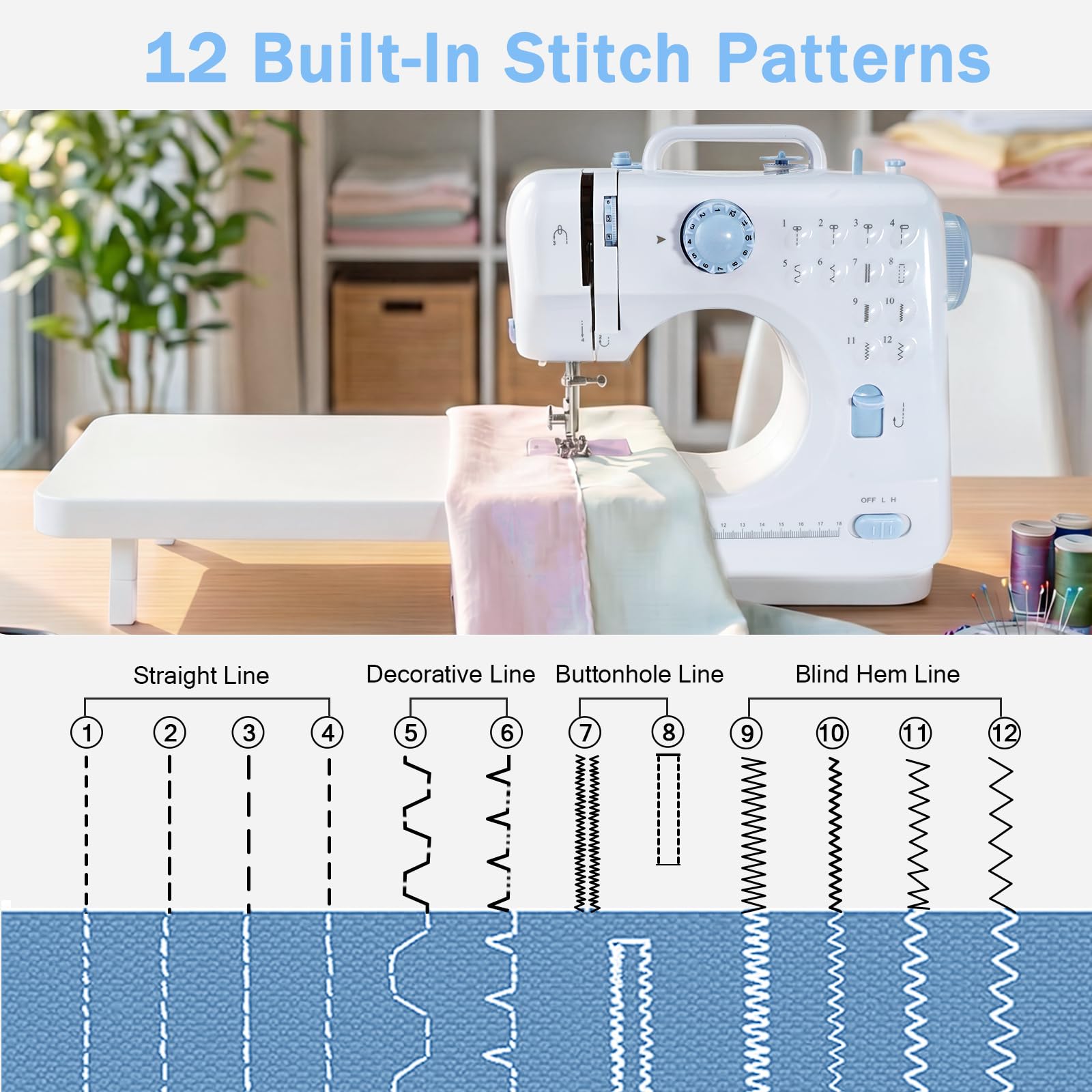 Máquina de coser 505 para principiantes: 12 puntadas integradas con mesa de expansión, pedal de pie y kit completo de accesorios, máquina de coser doméstica resistente para adultos y niños