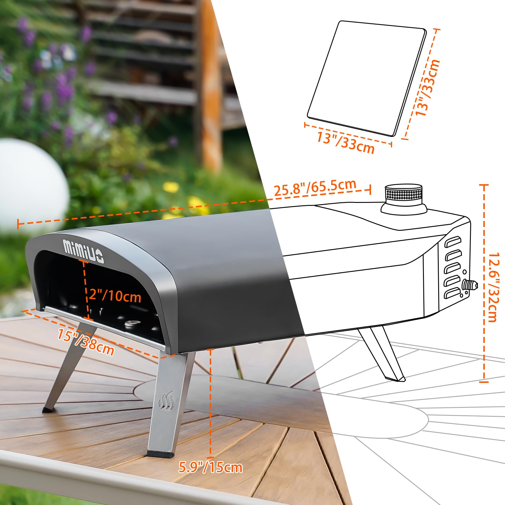 Mimiuo Gas Pizzaofen mit Pizzastein und Pizzaschaufel, mobiler Pizzaofen, Tragbar Pizza Ofen für Terrasse und Balkon, Pizzaofen für den Garten, outdoor, Gas Pizza Oven, Schwarz