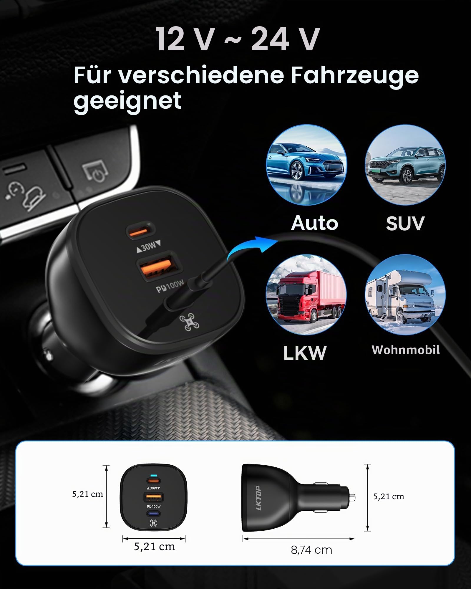 LKTOP 130W Drohne Auto Ladegerät Zigarettenanzünder für DJI, 3-Port USB-C/USB-A Kfz Ladegerät, Car Charger für DJI Mini/Air/Mavic 4 Pro/Mavic 3/Avata/Flip/Neo Series Drohne, Lade-Hub, Controller
