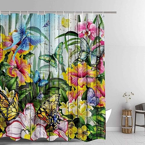 GURETER Spring Floral Shower Curtain Colorful Flowers Butterfly Natural Scenery Shower Curtains Wildflower Shower Curtain Set 12 Hooks Waterproof