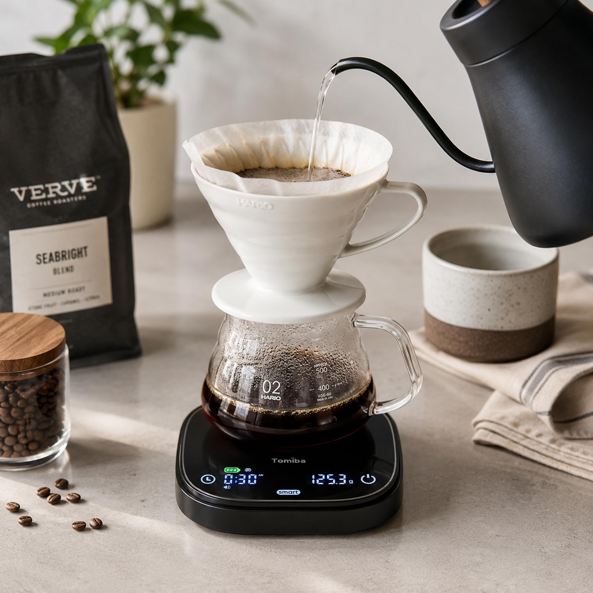 Báscula de café inteligente con temporizador, 5 modos inteligentes, báscula de precisión recargable para preparar café en casa, pantalla digital, compacta