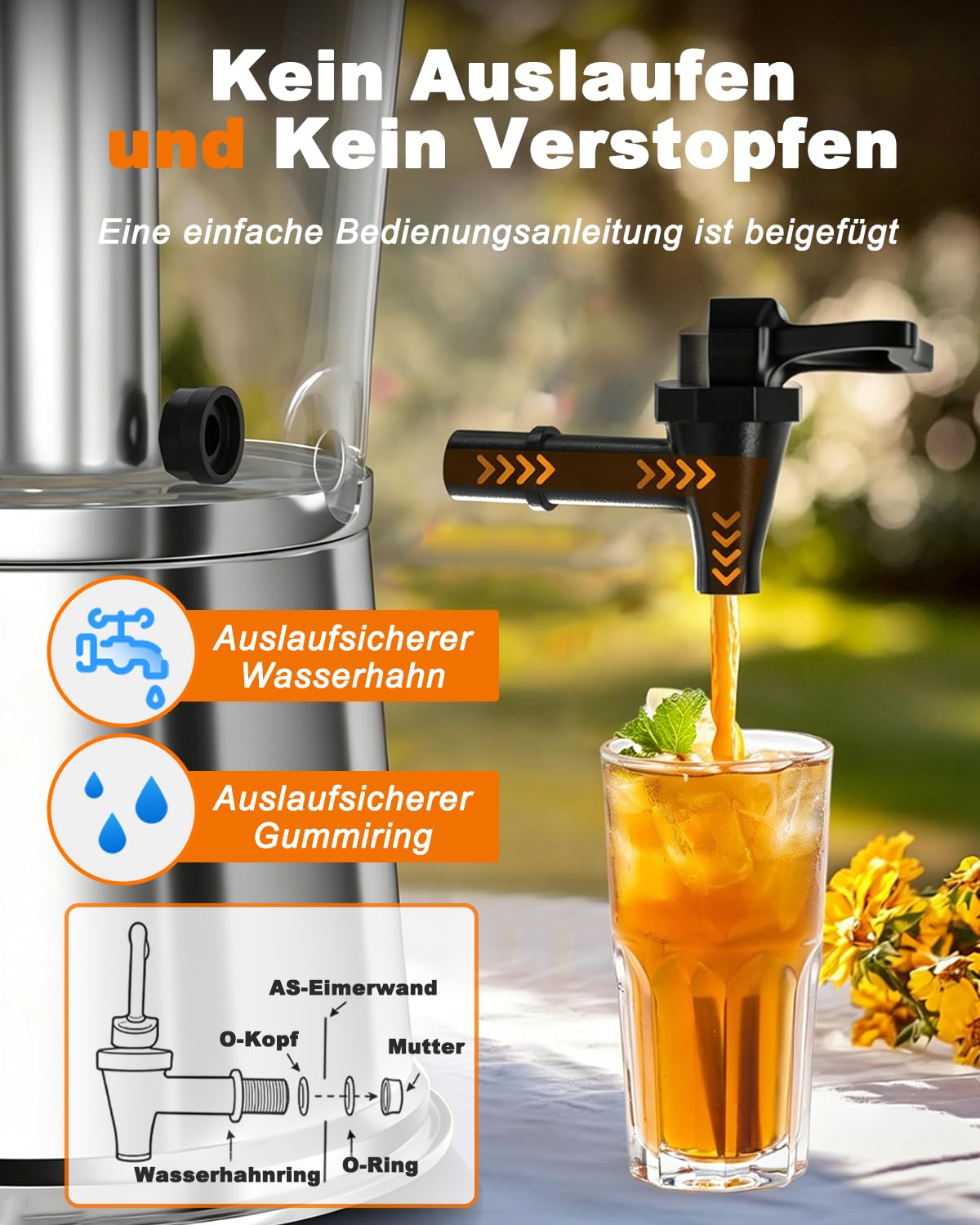 Biertower 8,0 Liter, Biersäule mit Zapfhahn und Ständer, Getränkespender mit Kühlung, für Limonade, Saft, Wasser, Getränke - Robuste Zapfsäule für Party, Grillen & Events Transparent/Silber
