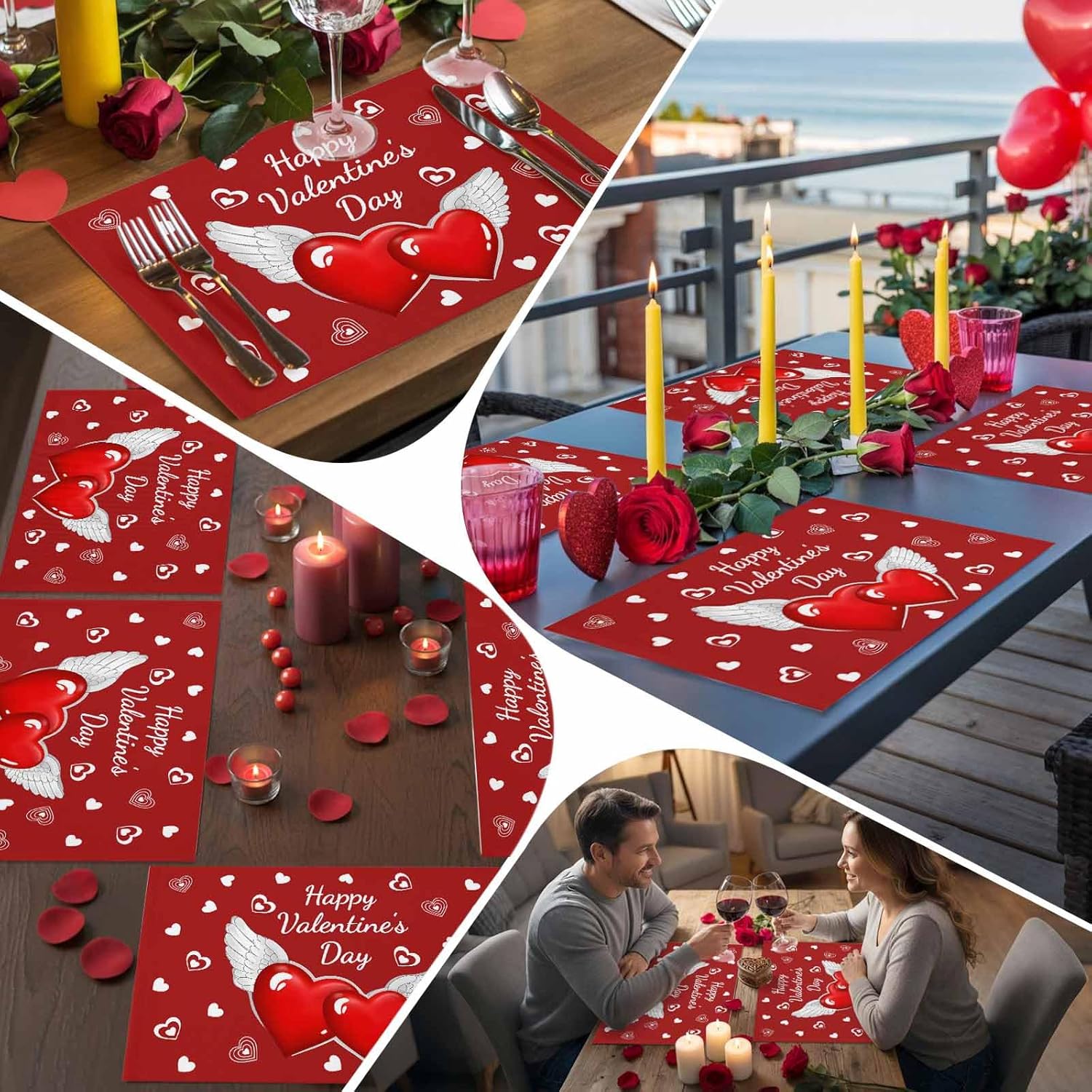 Valentine's Day Placemats Set of 4, Happy Valentine's Day Placemat for Dining Table Decorations, Love Heart with Wing Place Mats, Valentines Table Mats for Kitchen Dinner Holiday Party Decor
