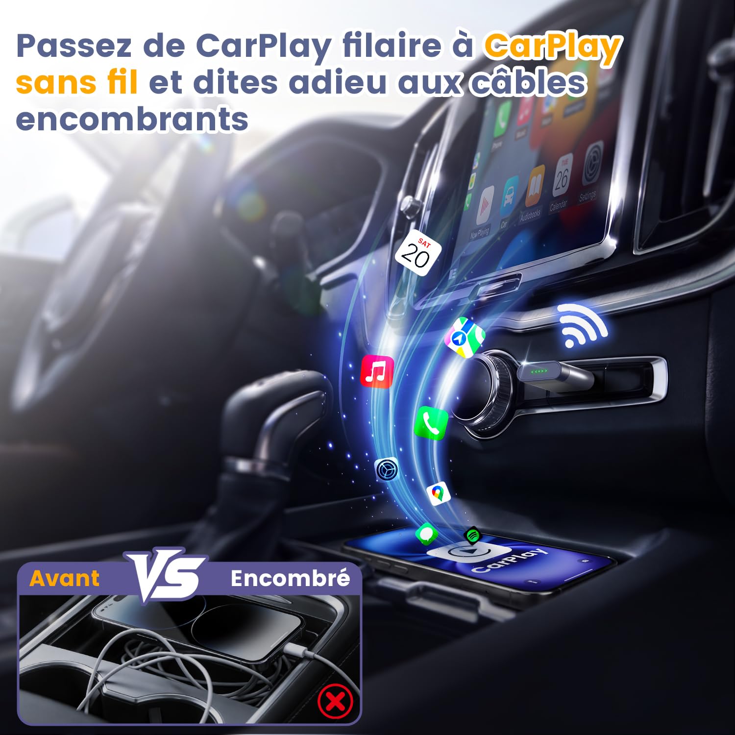 Mini Adaptateur CarPlay sans Fil pour Apple/Android Auto, sans Latence & Surchauffe, Compatible avec iPhone (iOS 10+) et Android 10+