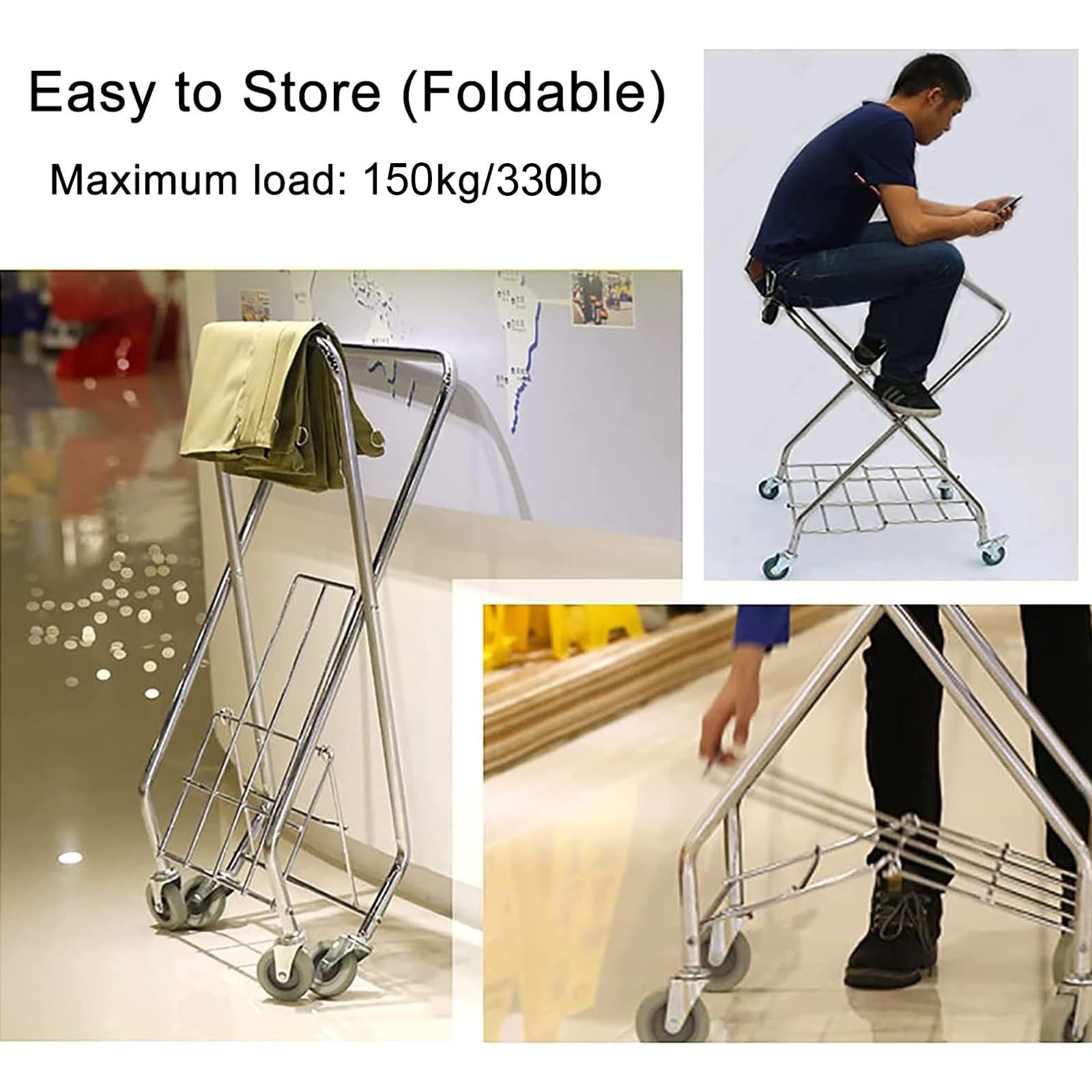 Carrito de Lavandería Plegable con Ruedas, Cesta Industrial para Ropa Sucia, Resistente, para Lavanderías de Hoteles(Gray)