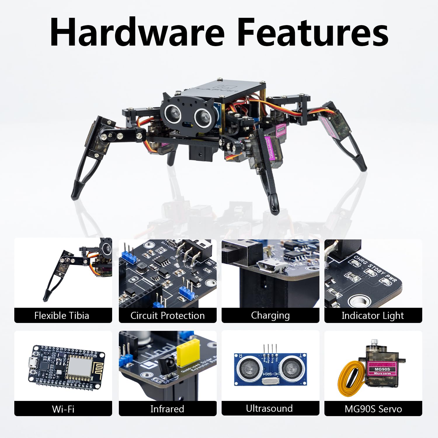 LAFVIN Zestaw robota pająka do ESP8266, czteronożny robot pająk z aplikacją i pilotem na podczerwień, robot programujący STEM Open Source