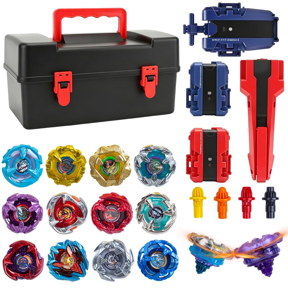 HOVCEH Battling Tops Set, 12 Pieces Battle Spinning Tops, Bay Burst Starter Set with 3 Launcher and Portable Storage Box, Metal Fusion Gyro Game for Birthday