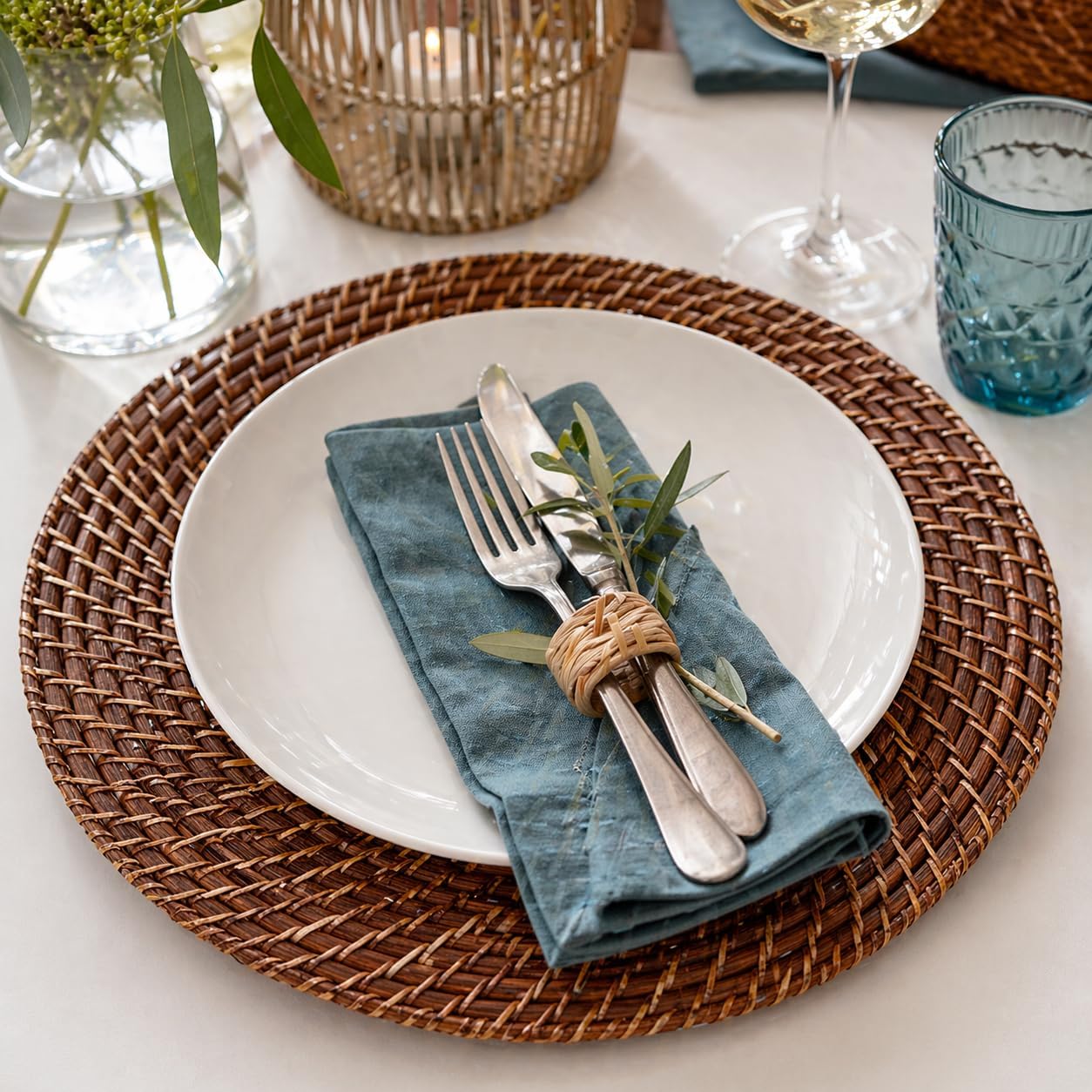 Round Auburn Rattan Charger Plate, 13 Inch, Hand Wash Only, Natural Bamboo Construction, 12 Pack