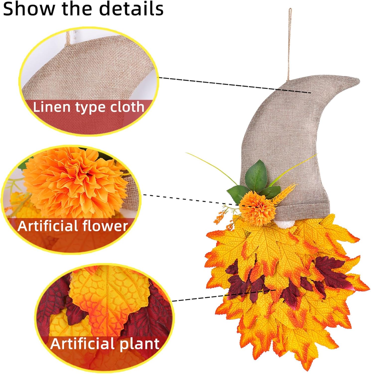 秋の人工メープルリースとノームフィギュアリーフドアハンガーオーナメント収穫感謝祭フェスティバル用