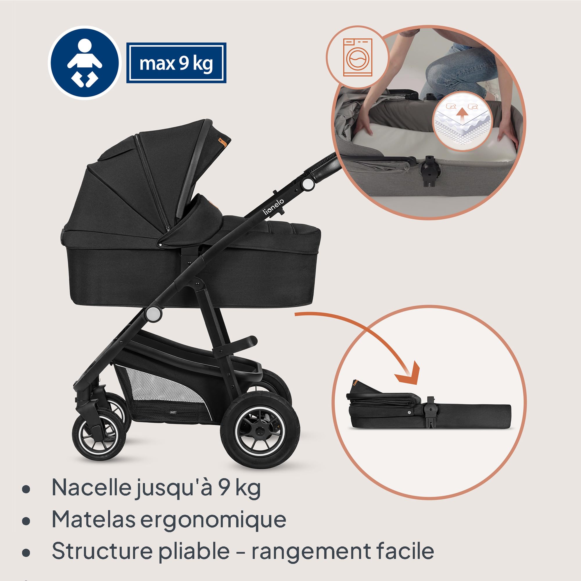 LIONELO BIANKA Poussette 3 en 1 max 22 kg Système de Voyage Pliable Roues 360° Trio