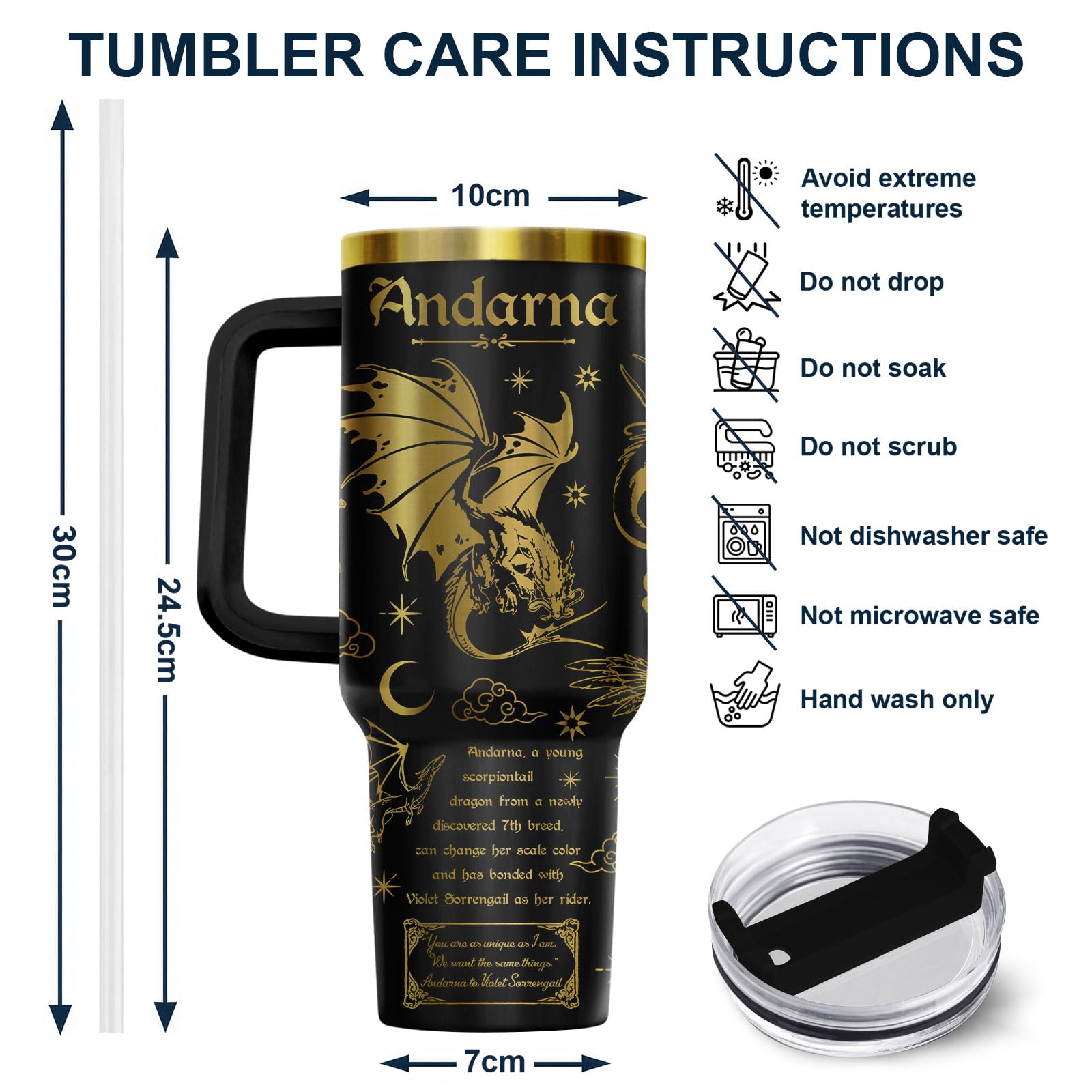 34HD Fantasie-Drachenbecher, 1213 ml, Edelstahlbecher mit Deckel und Strohhalm, flügelinspiriertes Geschenk für Fans und Fantasy-Leser