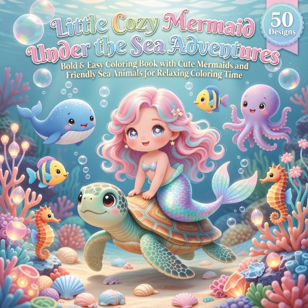 Little Cozy Mermaid Under the Sea Adventures: Bold & Easy Coloring Book with Cute Mermaids and Friendly Sea Animals for Relaxing Coloring Time (Adults)