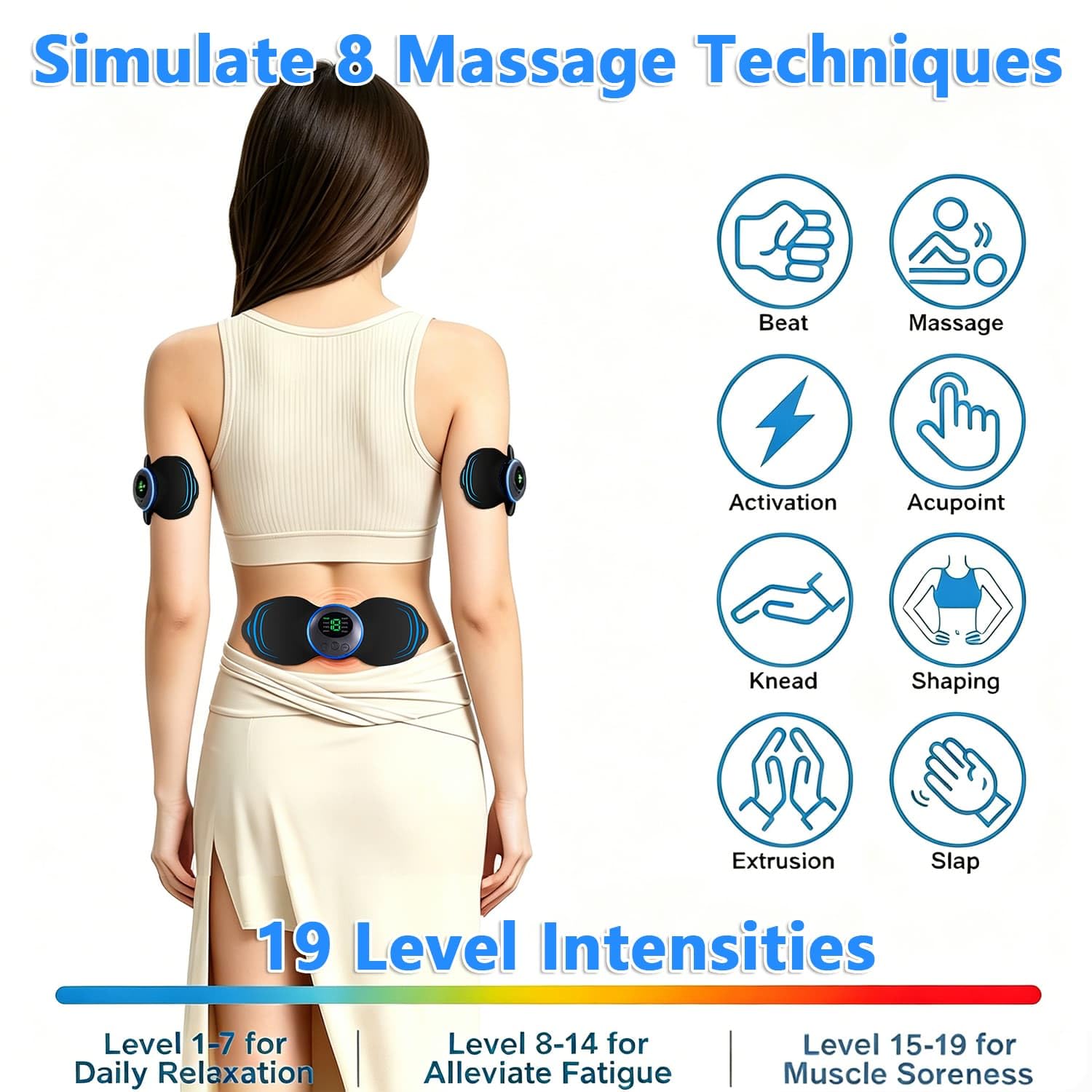 Electroestimulador TENS,Electroestimulador muscular,TENS/EMS para terapia de alivio del dolor con masajeador de pulso eléctrico,TENS 8 Modos y 19 Intensidades ajustables Estimulador Muscular
