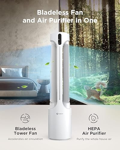 Miniatura 2 de AIRMATE Ventiladores de torre sin aspas con purificador de aire, gran volumen de aire de 1500 CFM, ventilador de pie 2 en 1 de 45 pulgadas para