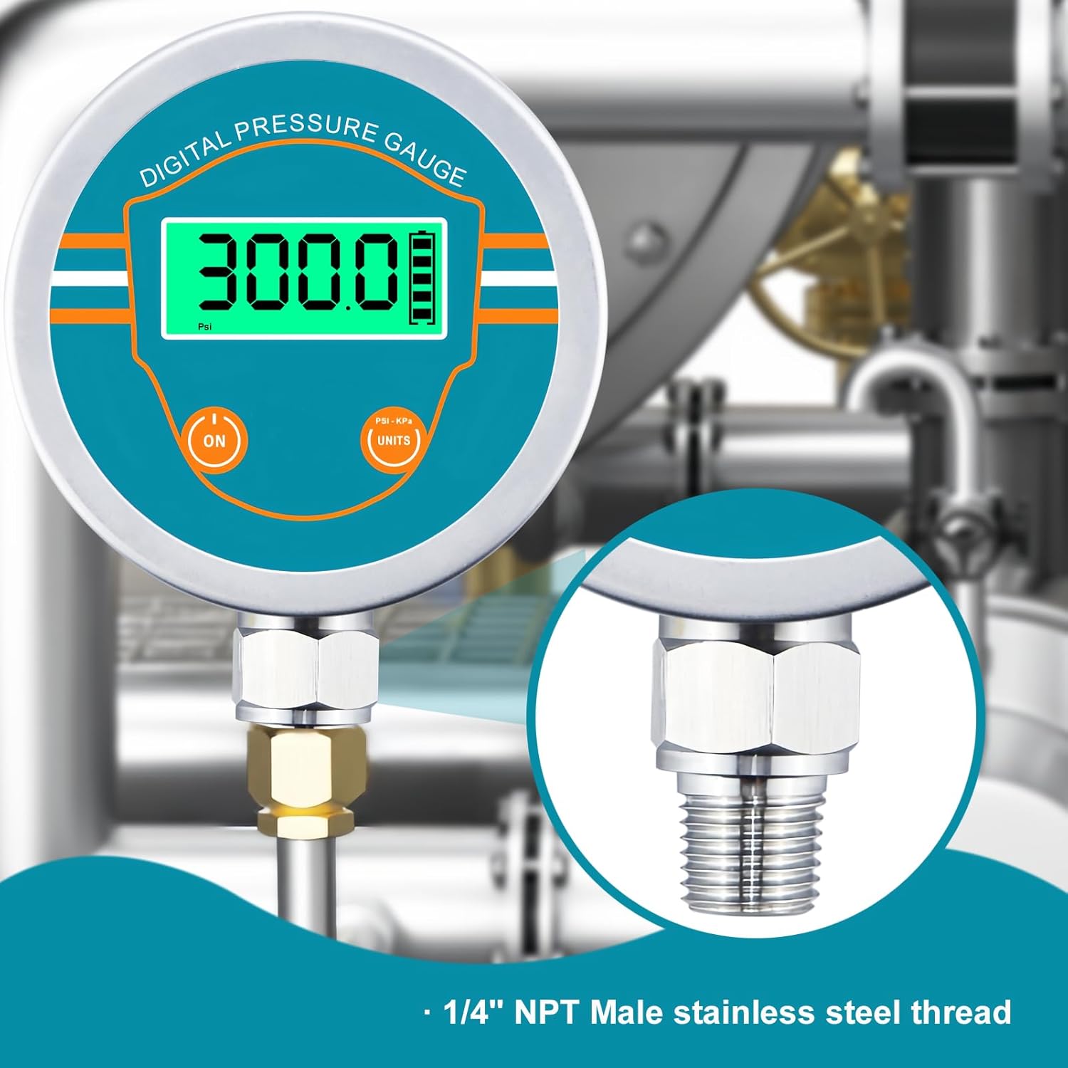 Digital Pressure Gauge 0-300 Psi Range, Digital Water Pressure Gauge 1/4 NPT Bottom Thread with 3-1/8" Dial, Suitable for Hydraulic, Oil, Water, Air Pressure Measuring