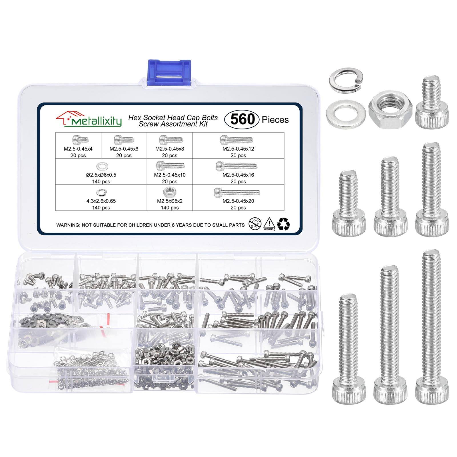 METALLIXITY Socket Head Cap Screws Kit (M2.5x4/6/8/10/12/16/20) 560Pcs, Stainless Steel Allen Socket Drive - Machine Internal Hex Screw, Silver โ image 1