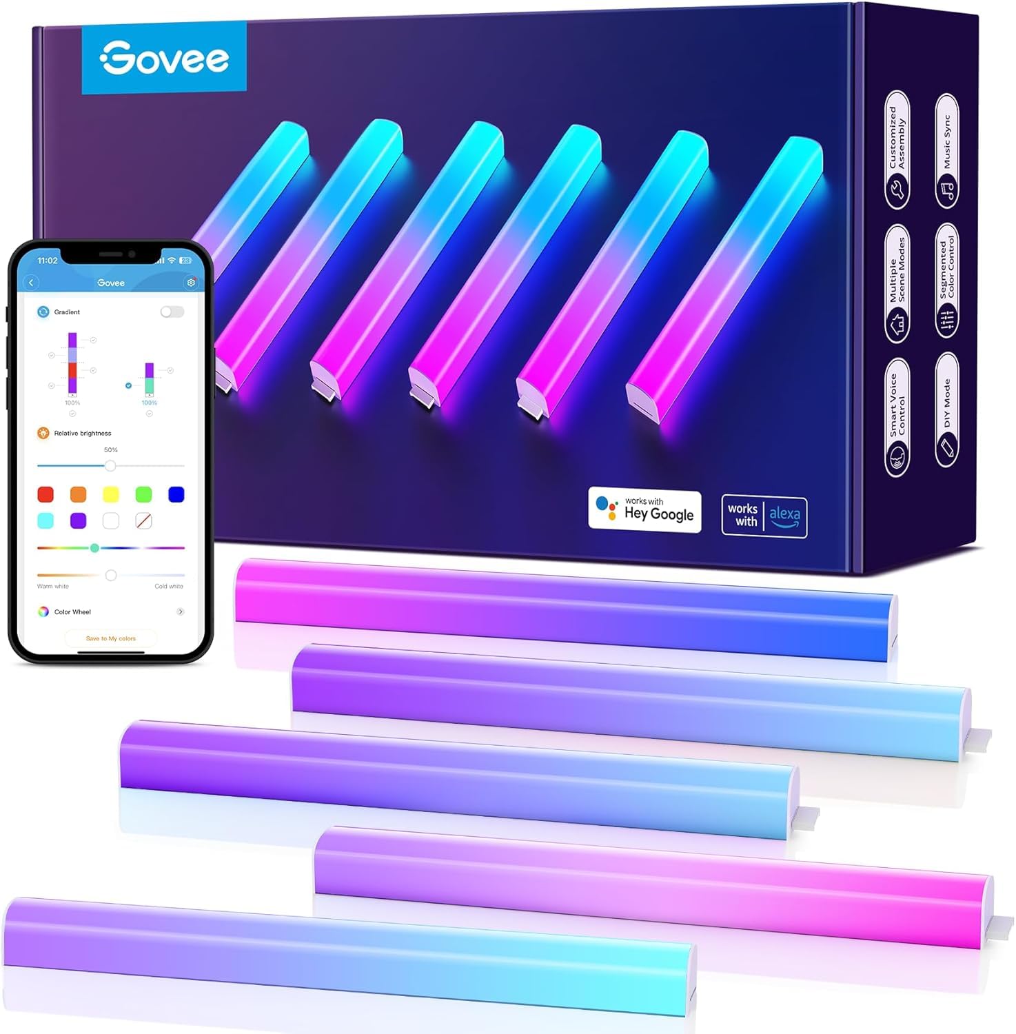 Govee [Customizable] Led Rgbic Glide Wall Lights Smart, Works With Alexa And Google Assistant, Intelligent Lively Illumination For Gaming Room, Music Sync And Dynamic Scenes, 6 Pcs