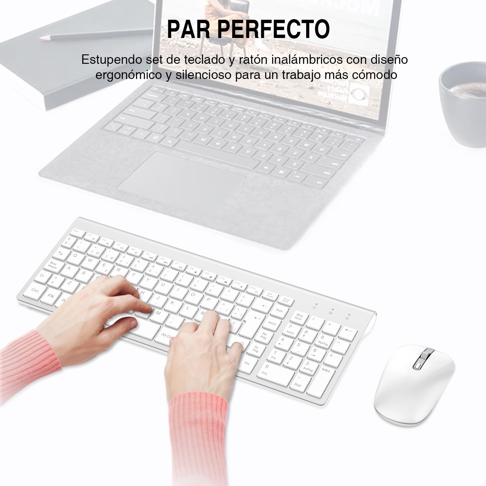 cimetech Combo Teclado y Ratón Inalambrico, 2.4G Teclado Raton Inalambrico Español 2 en 1 USB Ultra Delgado Silencioso Mouse, para PC/Laptops/Ordenador/Escritorio (Blanco y Plata)