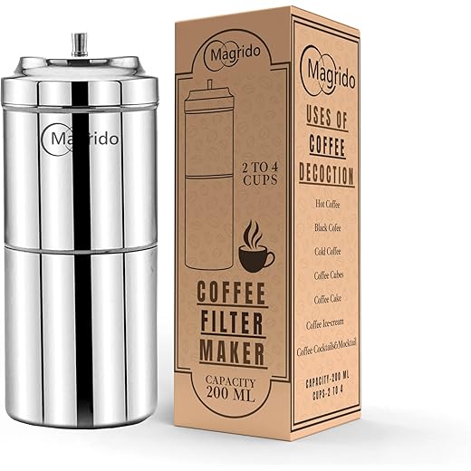 Magrido South Indian Filter Coffee Maker 200ml | Stainless Steel Drip Decoction Brewer | Makes 2?4 Cups | Traditional Kaapi/Kappi Maker for Ground Coffee Powder (Steel)