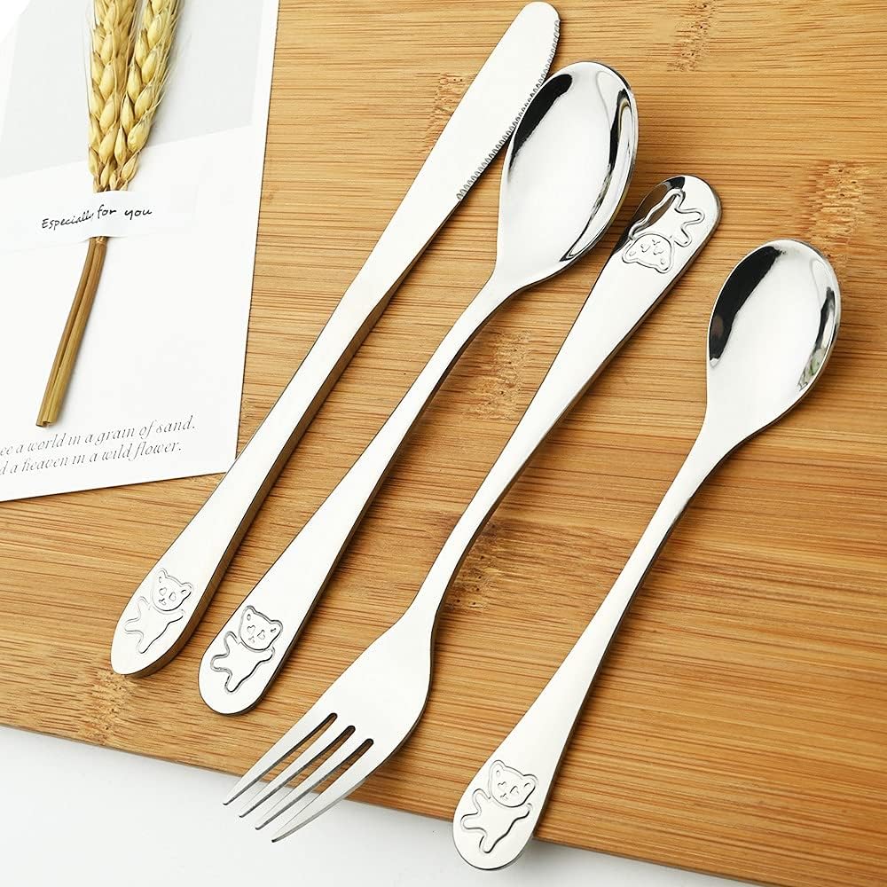 Silverware Set, Silver Kids Dinnerware Cutlery Set Stainless Steel Cartoon Lovely Knife Fork Spoons Dinner Sets Children Flat Ware Tableware Set BY ZZYY (Color : Silve, Size : 16pcs)