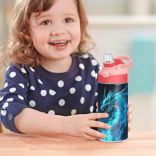 Miniatura 7 de Fire and Ice Dragon - Botella de agua para niños, botellas de agua de acero inoxidable aisladas con tapa con pajilla, 12 onzas, sin BPA, a prueba de
