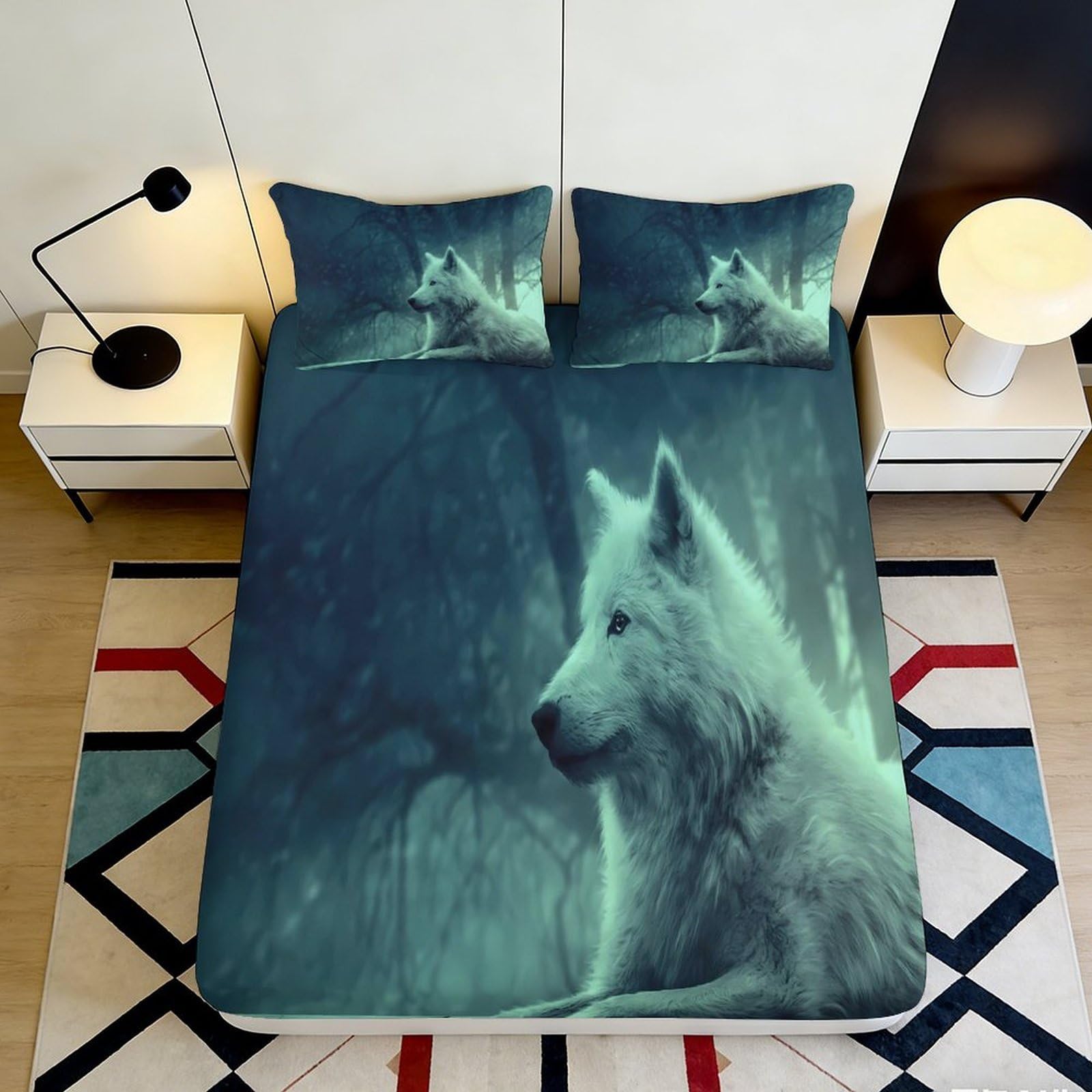3D Printed Wolf Forest Fitted Sheet Microfiber Soft Breathable White Wolf Bed Sheet for Bedroom Dormitory Guest Room Mattress Protection Decor 120x200x25cm