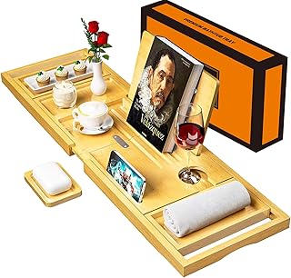 Banlilu Bathtub Luxury Bamboo Bath Shelf - Wine Glass Holder, Tablet Holder, Mobile Phone Holder - Your Ultimate Spa Experience