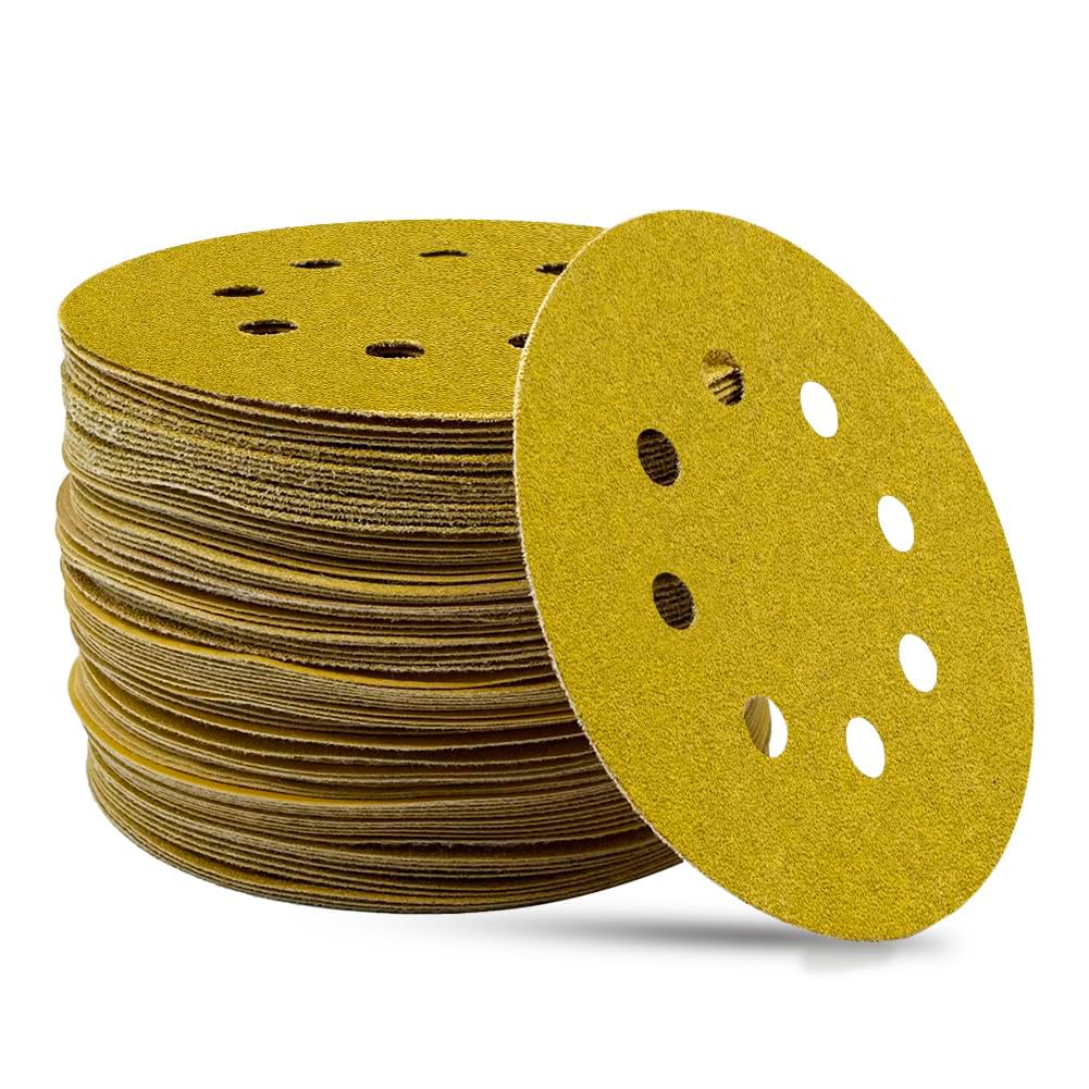 5 Inch 8 Hole Hook and Loop Sanding Discs Sandpaper, 52-Piece 60 80 120 220 320 Mixed Grits Gold Sandpaper Sanding Disc for Sanding on Woodworking or