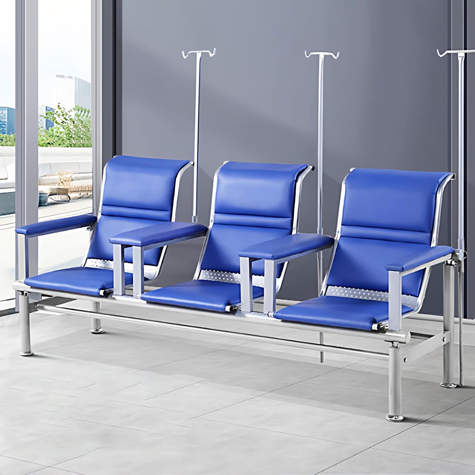 Waiting Room Chairs,Premium Phlebotomy Chair with Armrests, Comfortable Leather Infusion Chair, 2-Seat Waiting Room Bench with IV Pole, Ideal Reception Seating for Lobbi(B-blub2-leather Armrest)